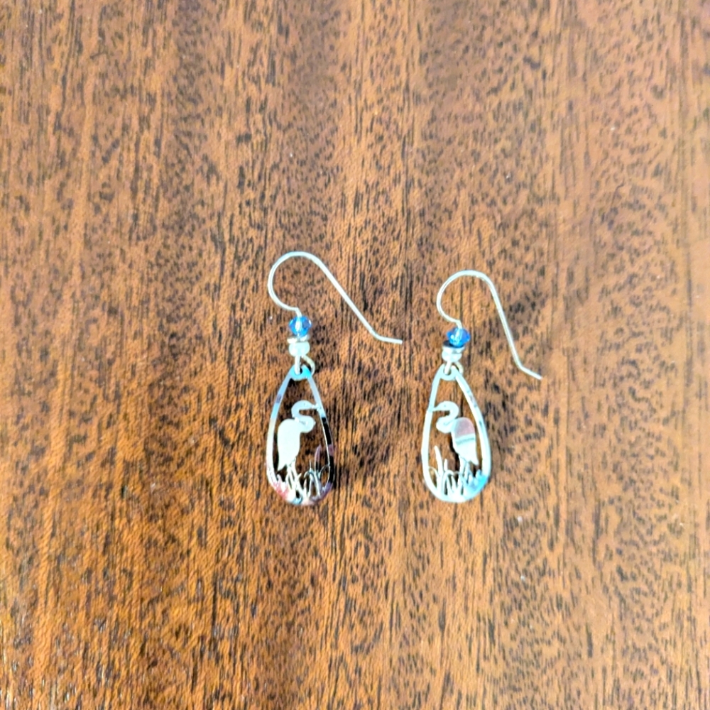 Silver Tone Heron Bird Laser Cut Dangle Earrings.